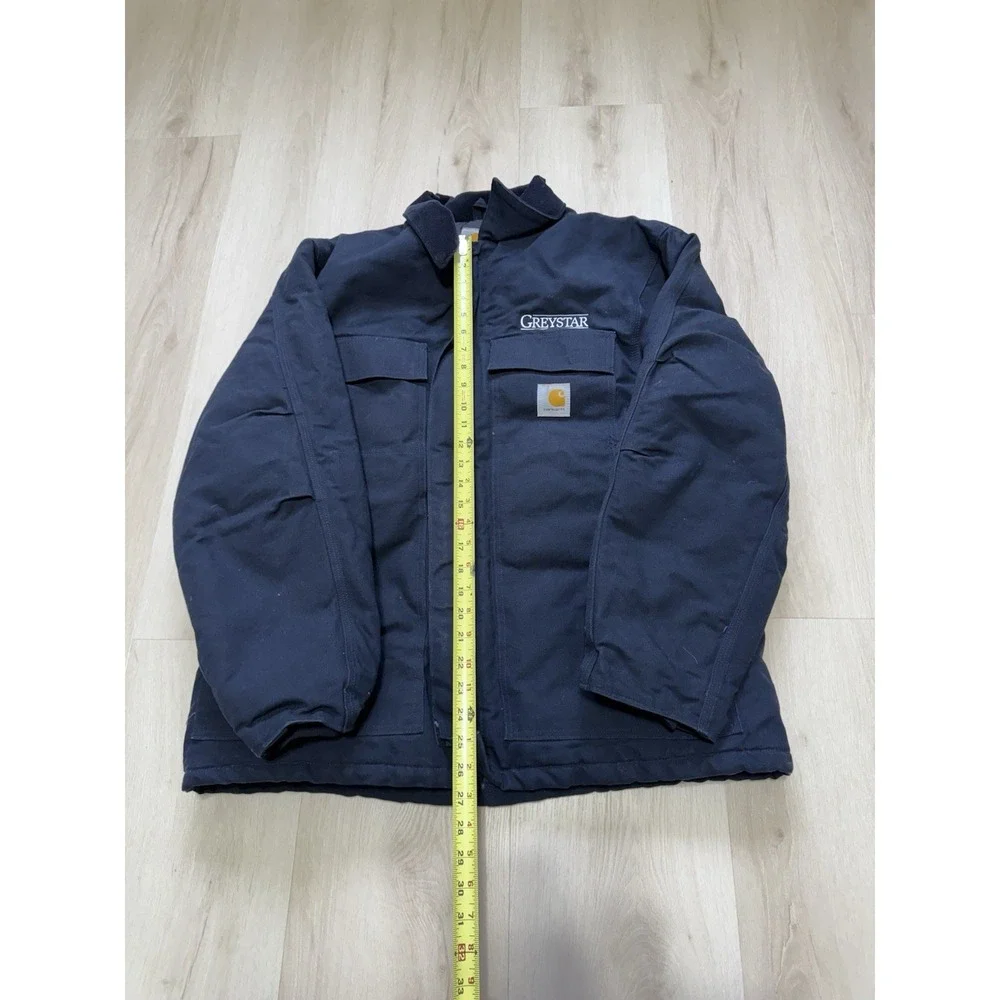 VTG Carhartt C003 Men's Navy Blue Canvas Work Coat w/Company Logo - Size Large - Picture 2 of 8